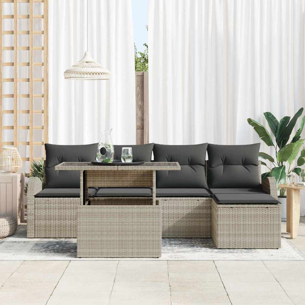 6 dalių sodo sofa komplektas su pagalvėmis Šviesiai pilkas Poli ratanas