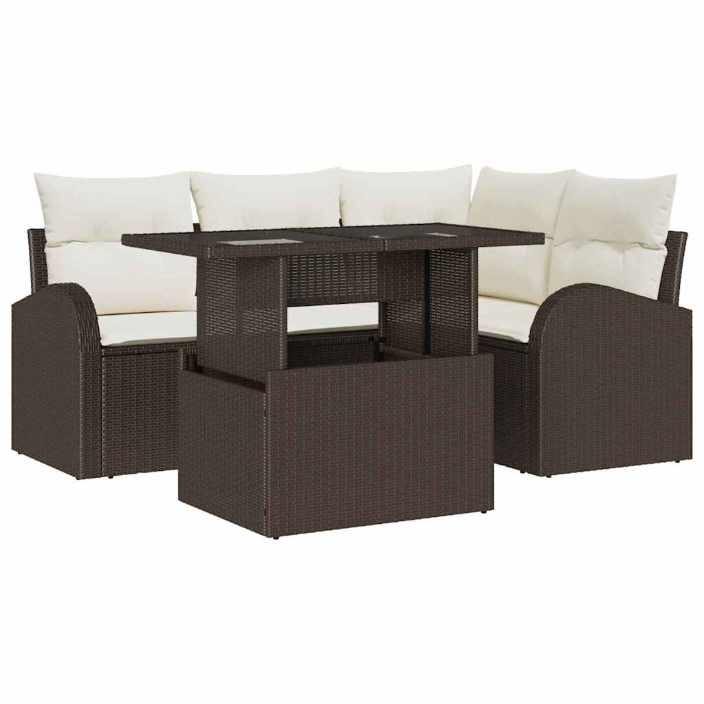 5 Piece Garden Sofa Set with Cushions Brown Poly Rattan
