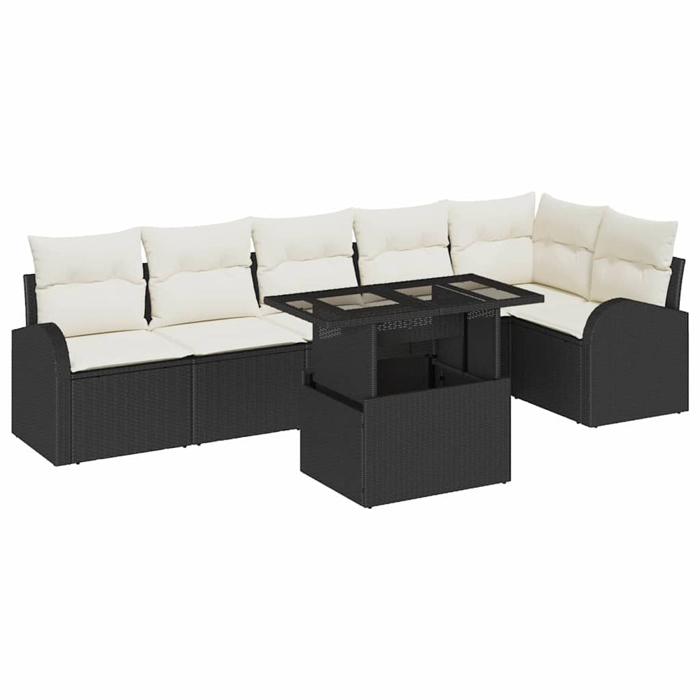 7 Piece Garden Sofa Set with Cushions Black Poly Rattan