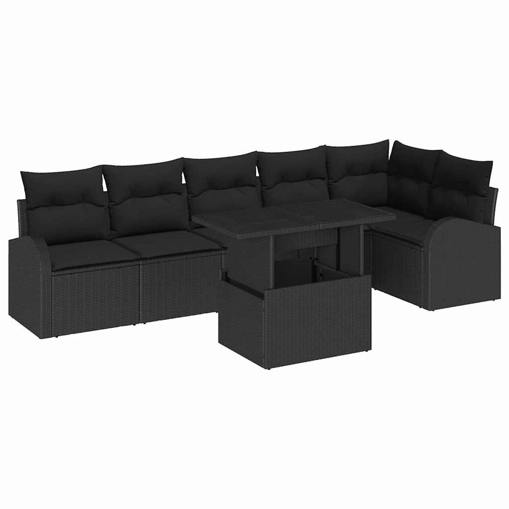 7-piece garden sofa set with cushions in black poly rattan