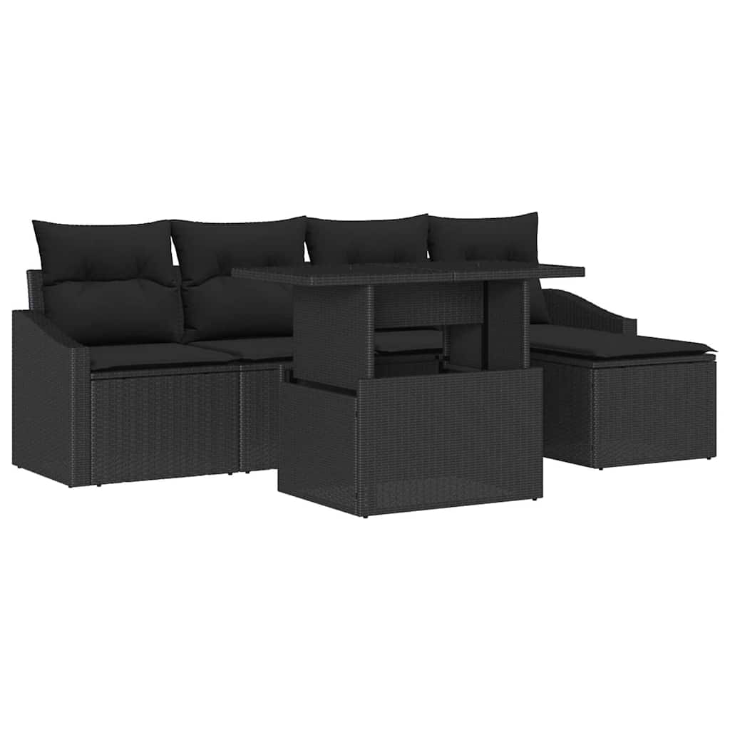 6 Piece Garden Sofa Set with Cushions Black Poly Rattan