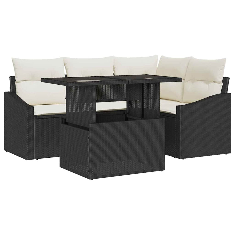 5-piece garden sofa set with cushions black poly rattan