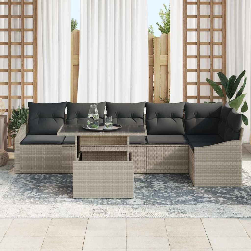 7 dalių sodo sofa su pagalvėlėmis šviesiai pilkame poli ratane