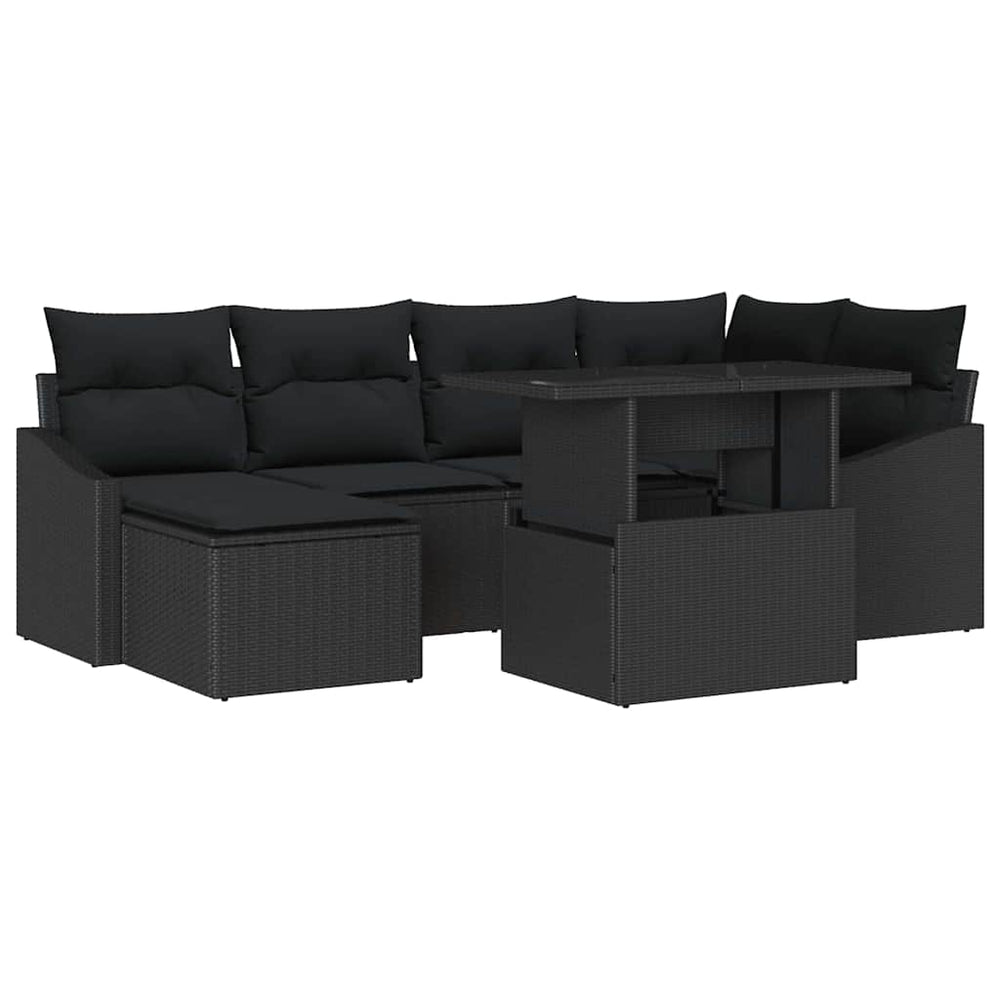 7-piece garden sofa set with cushions black poly rattan