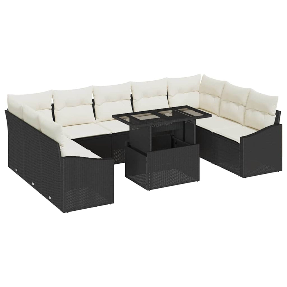 10-piece garden sofa set with cushions black poly rattan