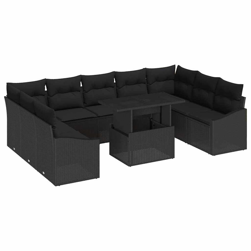 10-piece garden sofa set with cushions black poly rattan