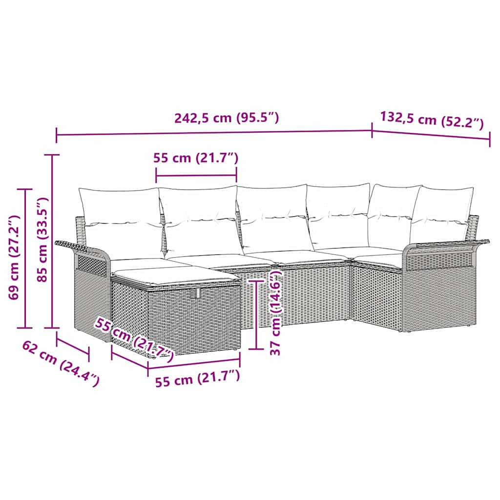 6 Dalių Sodo Sofa Komplektas su Pagalvėlėmis Pilka Poli Ratanas