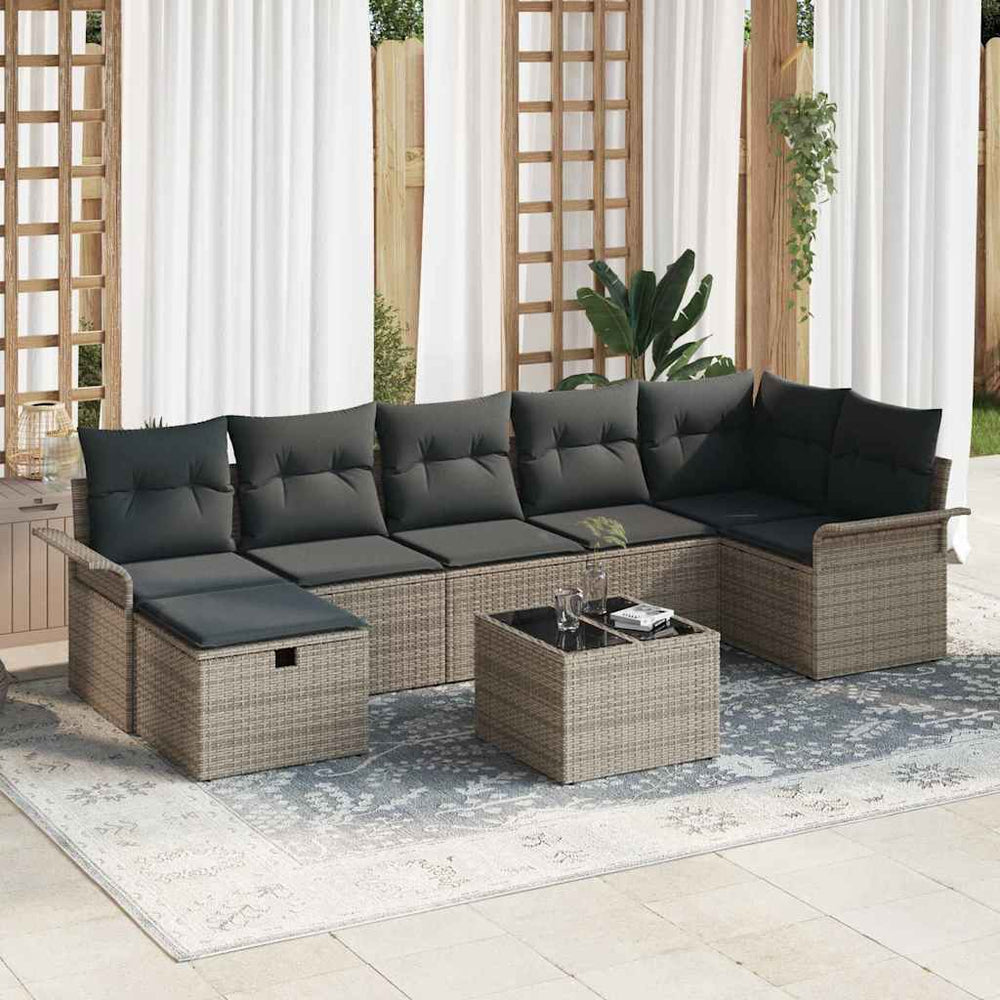 8 Dalių Sodo Sofa Rinkinys su Pagalvėmis Pilka Poli Ratanas