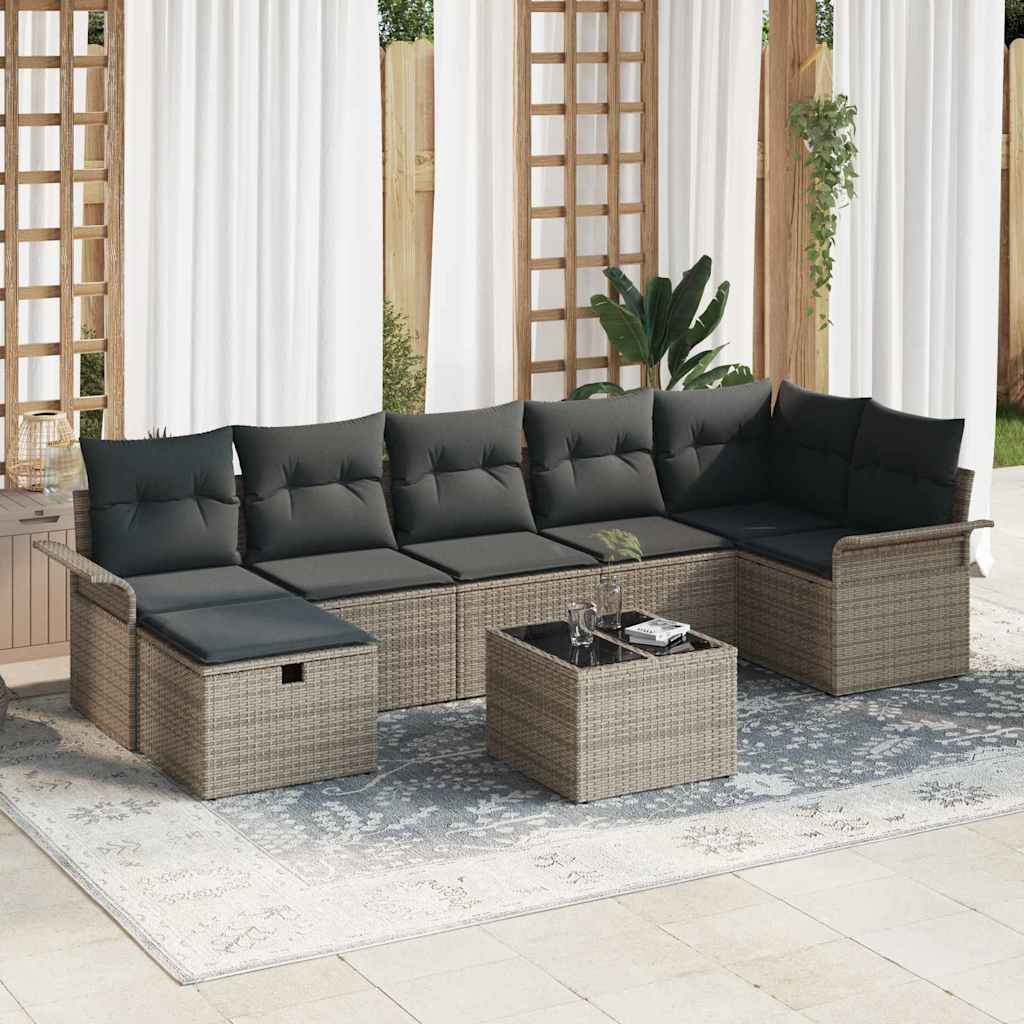 8 Dalių Sodo Sofa Rinkinys su Pagalvėmis Pilka Poli Ratanas