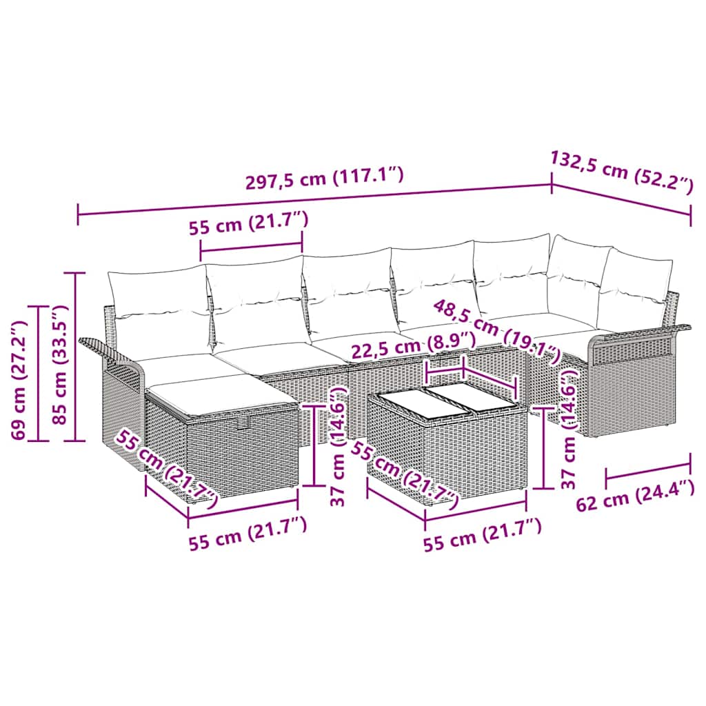 8 Dalių Sodo Sofa Rinkinys su Pagalvėmis Pilka Poli Ratanas