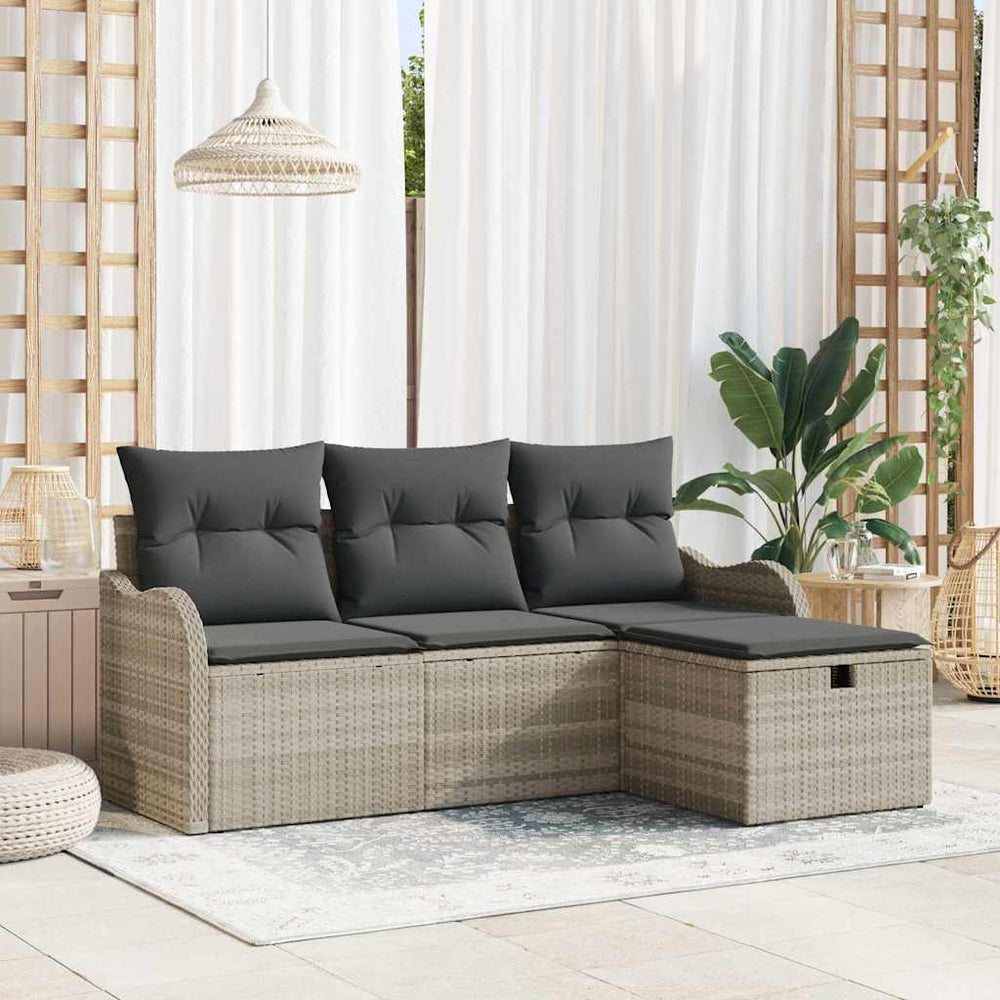 4 Vnt Sodo Sofa Rinkinys su Pagalvėmis Šviesiai Pilka Poli Ratanas