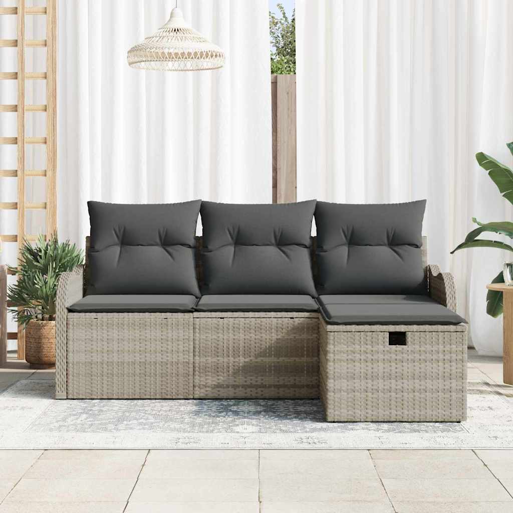 4 Vnt Sodo Sofa Rinkinys su Pagalvėmis Šviesiai Pilka Poli Ratanas