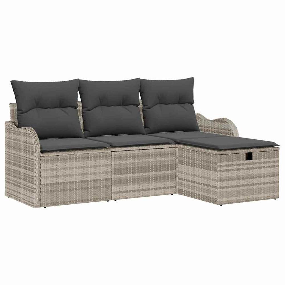 4 Vnt Sodo Sofa Rinkinys su Pagalvėmis Šviesiai Pilka Poli Ratanas