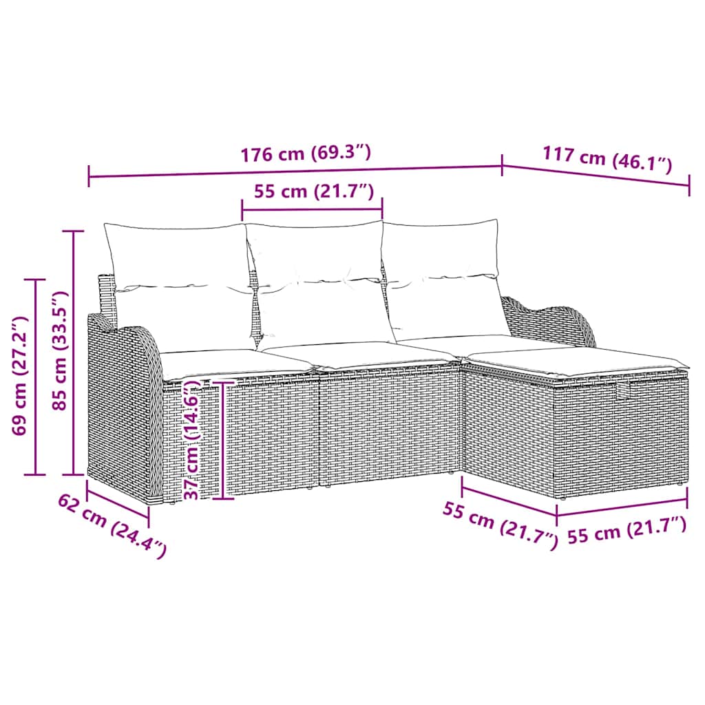 4 Vnt Sodo Sofa Rinkinys su Pagalvėmis Šviesiai Pilka Poli Ratanas