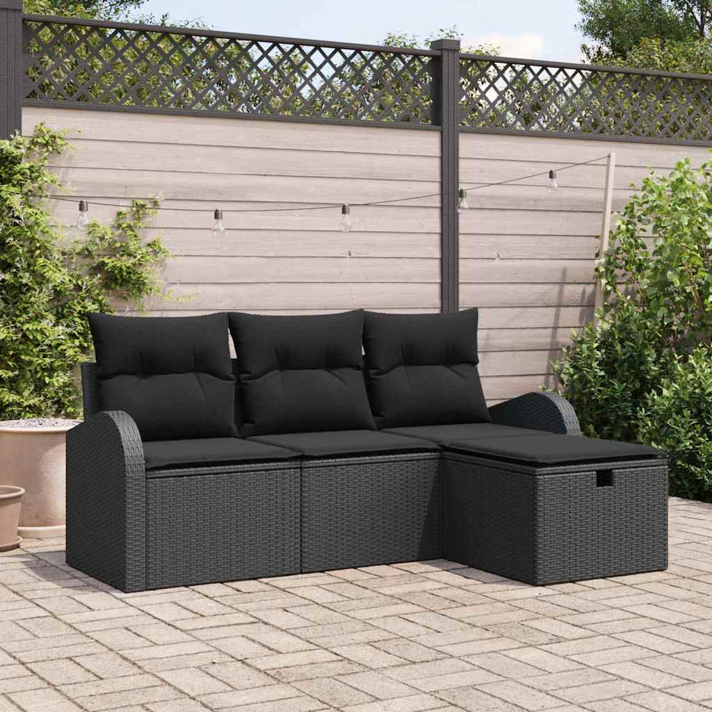 Sofos komplektas su pagalve su saugykla 4 pcs Juoda poliratanas