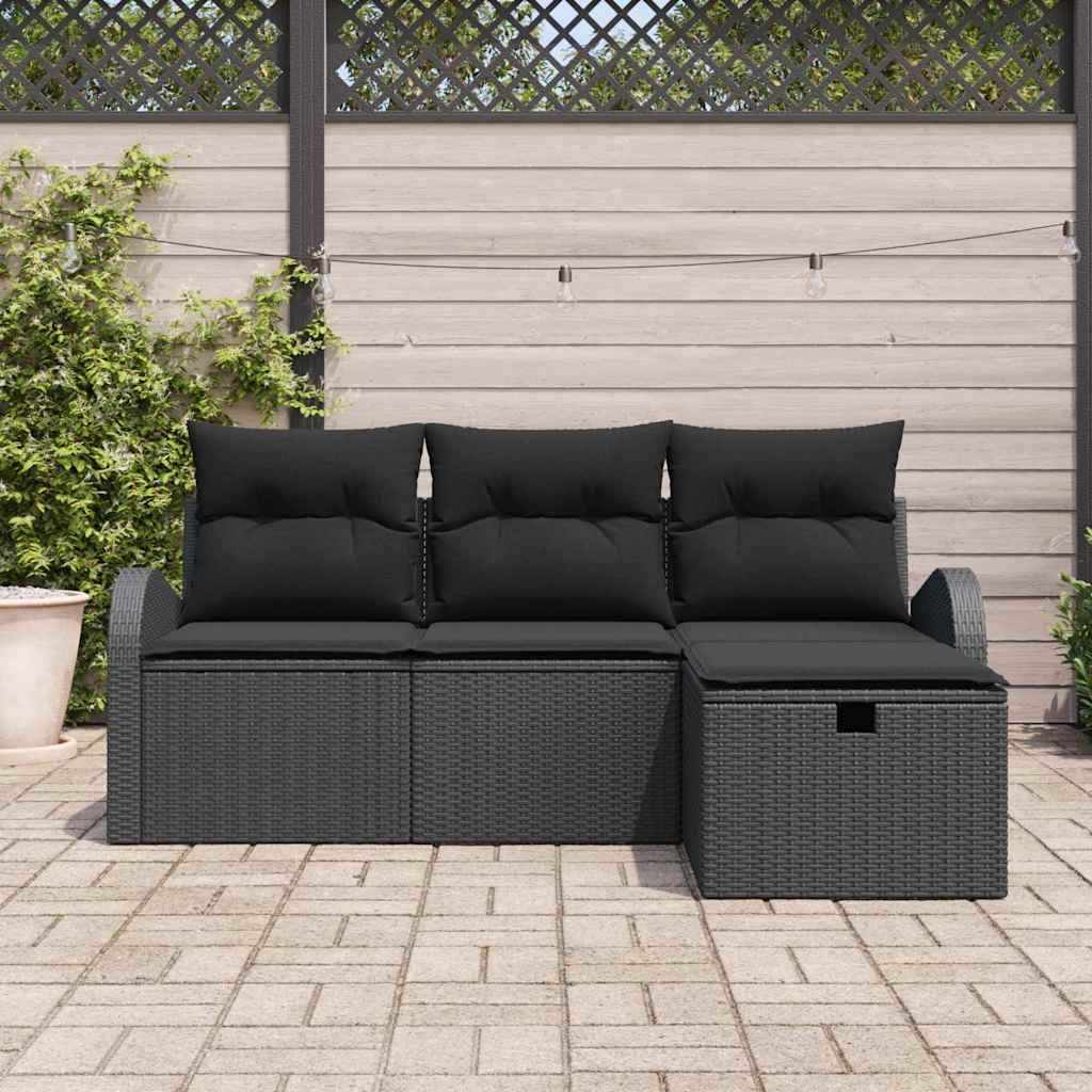 Sofos komplektas su pagalve su saugykla 4 pcs Juoda poliratanas