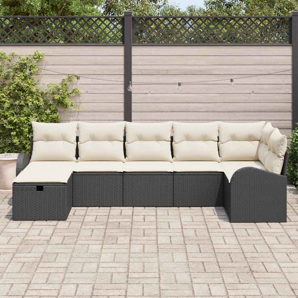 7 dalių Sodo Sofa Komplektas su Pagalvėlėmis Juodasis Poli Ratanas