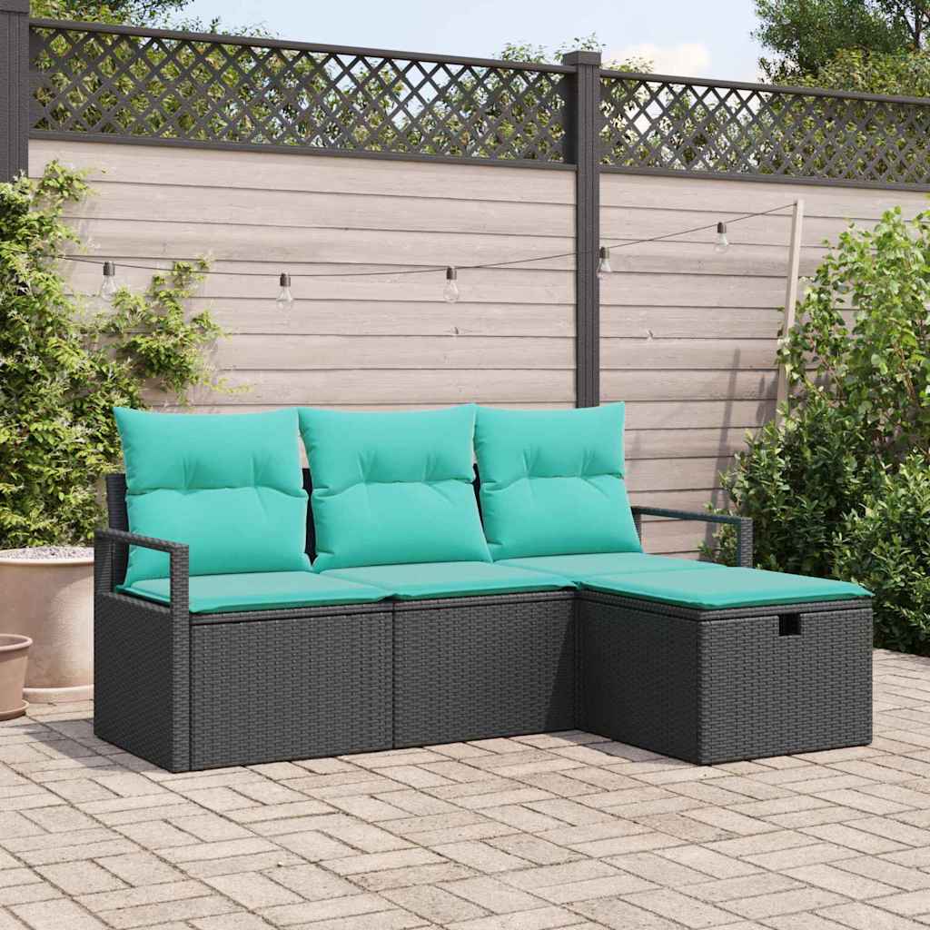 Sofa set with cushion 4 pcs Black and turquoise poly rattan