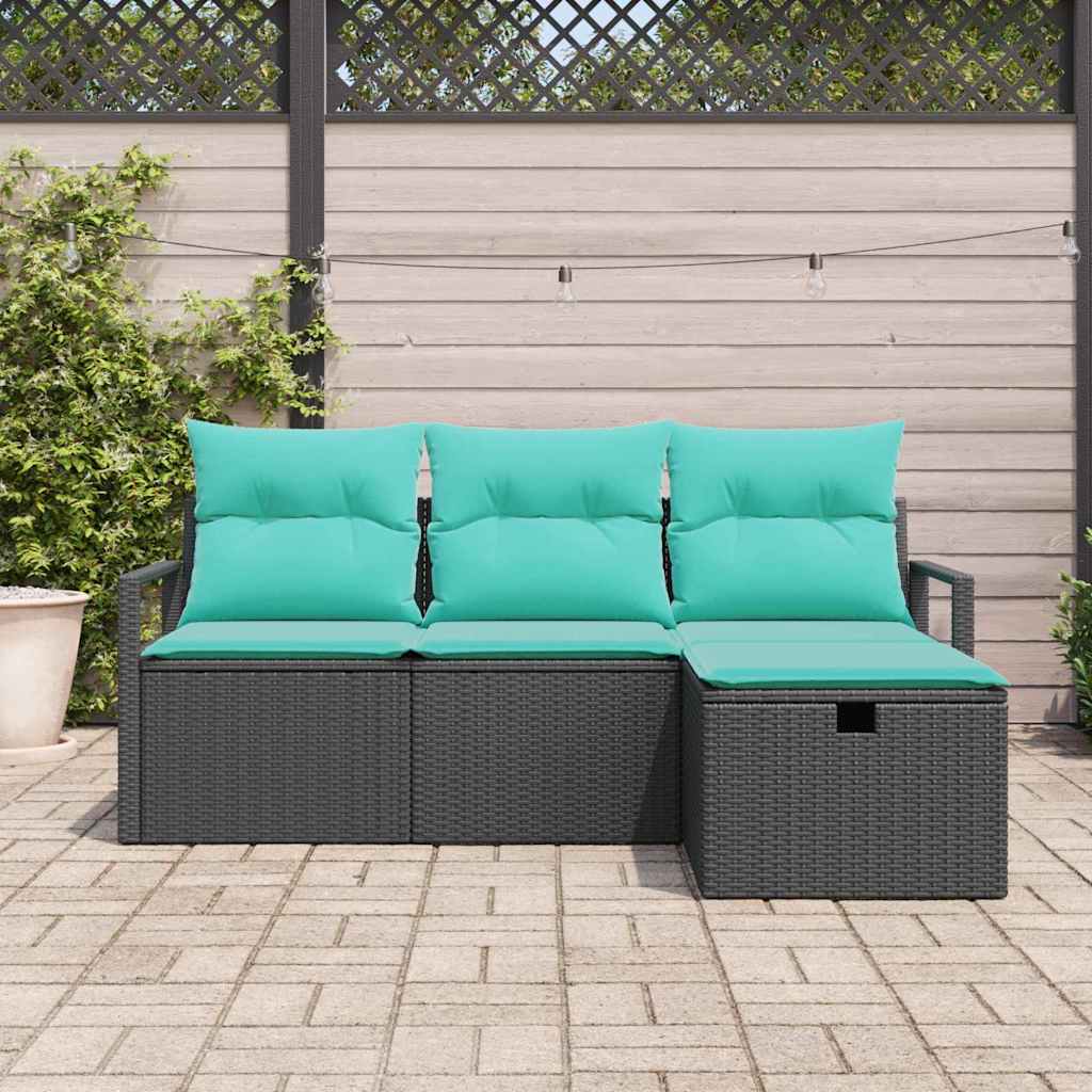 Sofa set with cushion 4 pcs Black and turquoise poly rattan