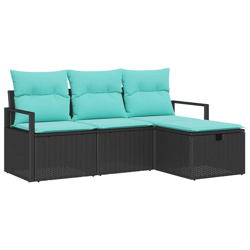 Sofa set with cushion 4 pcs Black and turquoise poly rattan