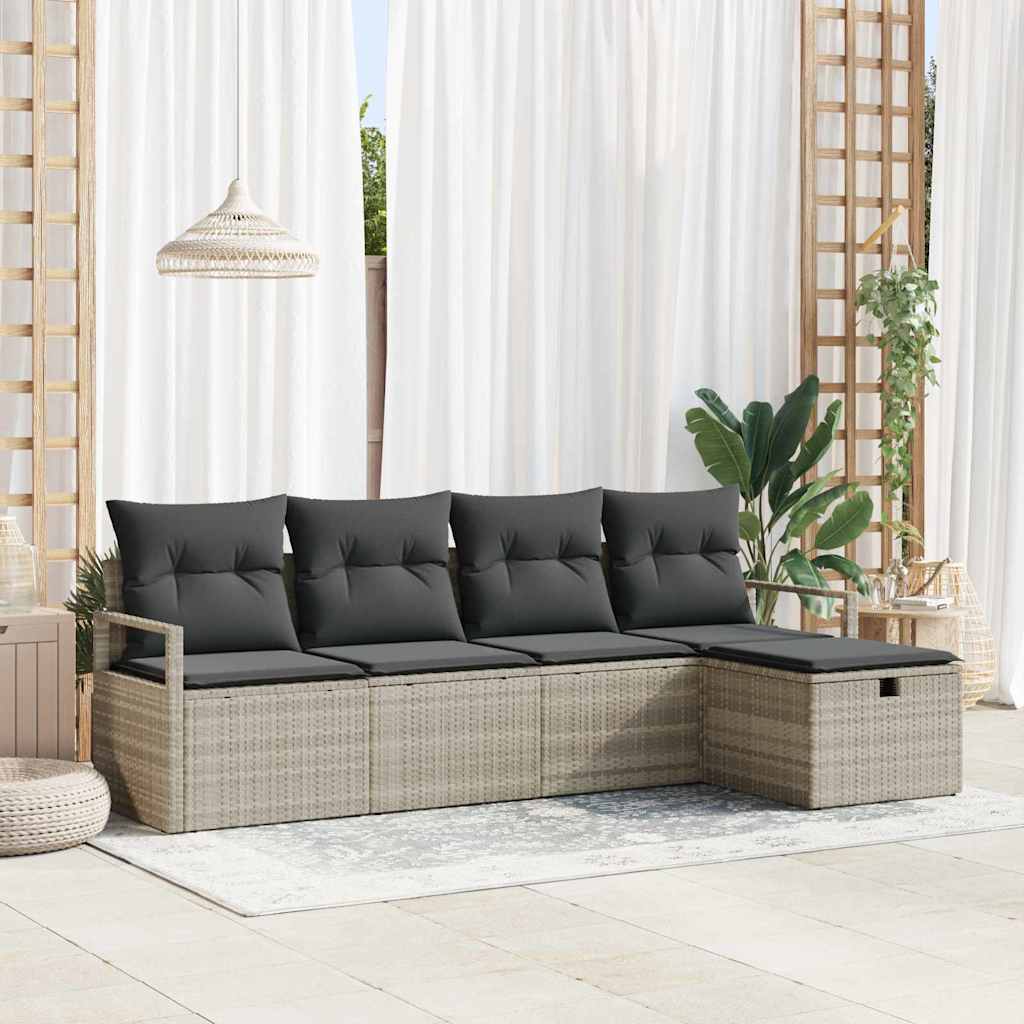 5 dalių sodo sofa komplektas su pagalvėlėmis, šviesiai pilka, poli ratanas