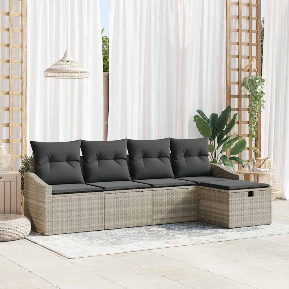 5 Dalių Sodo Sofa Komplektas su Pagalvėmis Šviesiai Pilkas Poli Ratanas