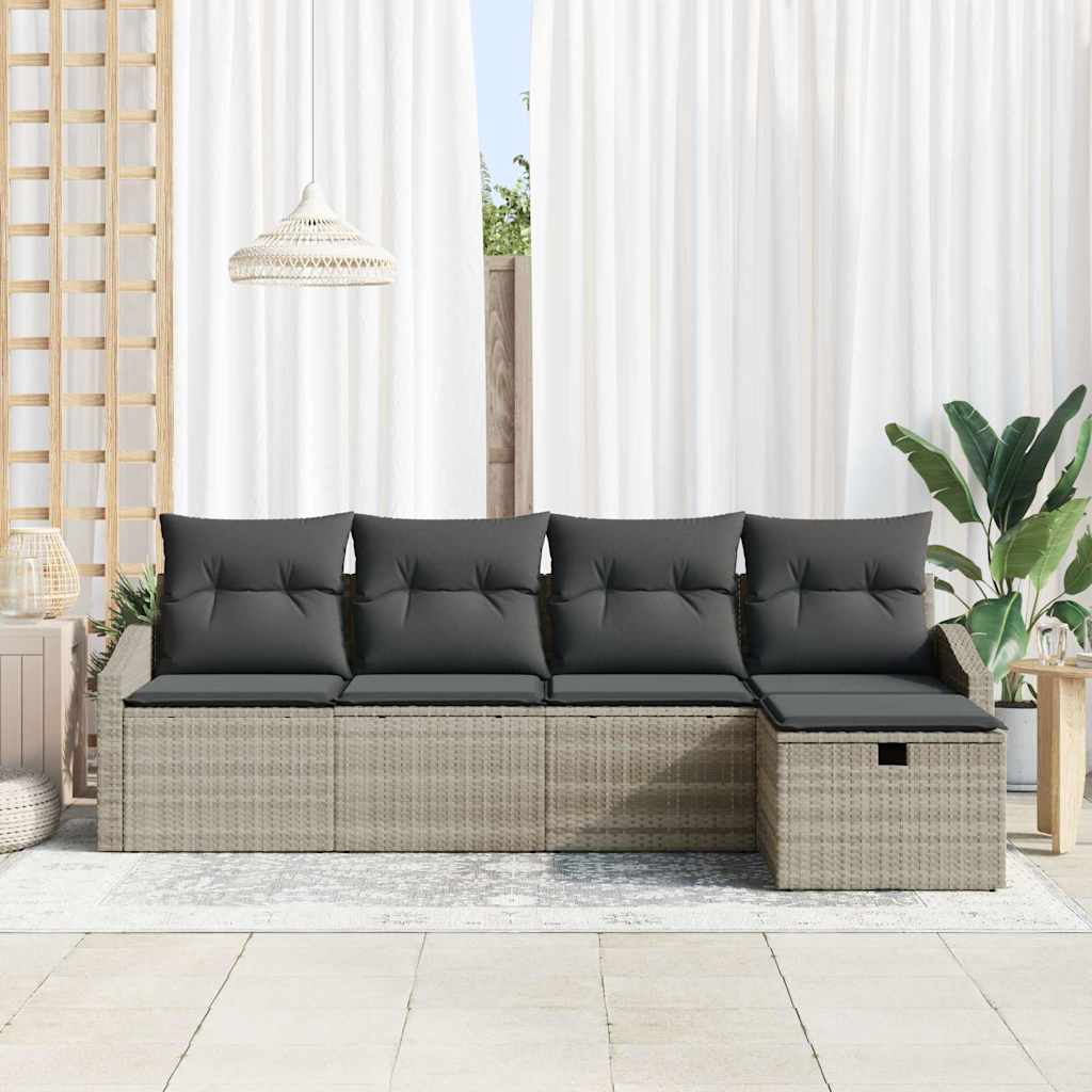 5 Dalių Sodo Sofa Komplektas su Pagalvėmis Šviesiai Pilkas Poli Ratanas
