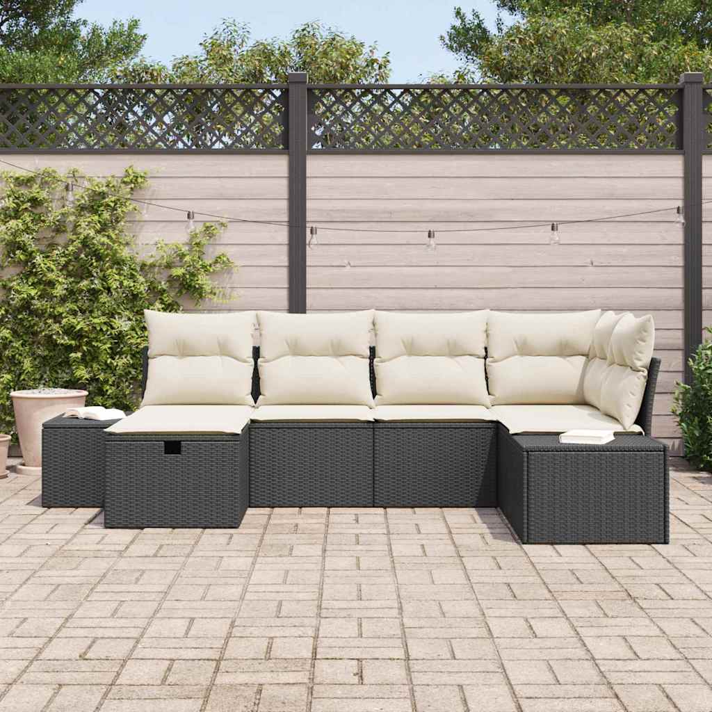 6 dalių sodo sofa komplektas su pagalvėlėmis Juoda Poli ratanas