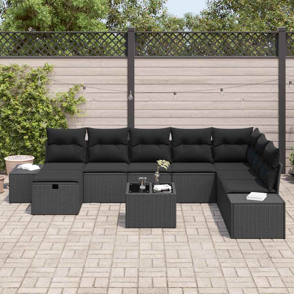 Sodo Sofų Rinkinys su pagalve 9 pcs Juoda Poli ratanas