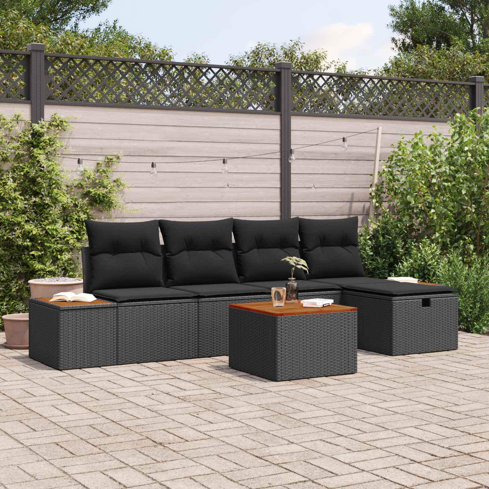 Sodo Sofų Rinkinys su pagalve 6 pcs Juoda Poli ratanas