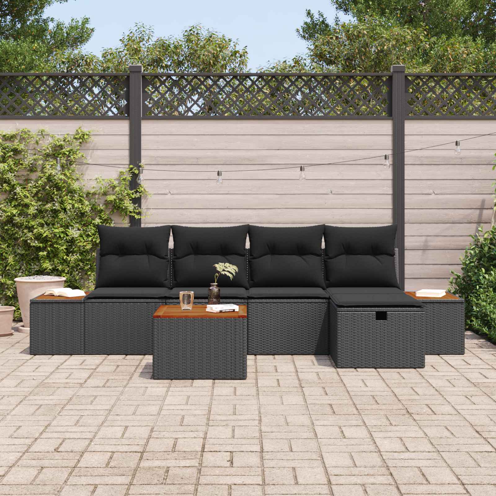 Sodo Sofų Rinkinys su pagalve 6 pcs Juoda Poli ratanas