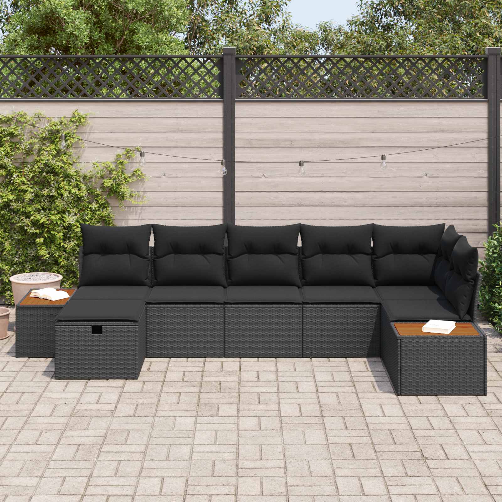 Sodo Sofų Rinkinys su pagalve 7 pcs Juoda Poli ratanas