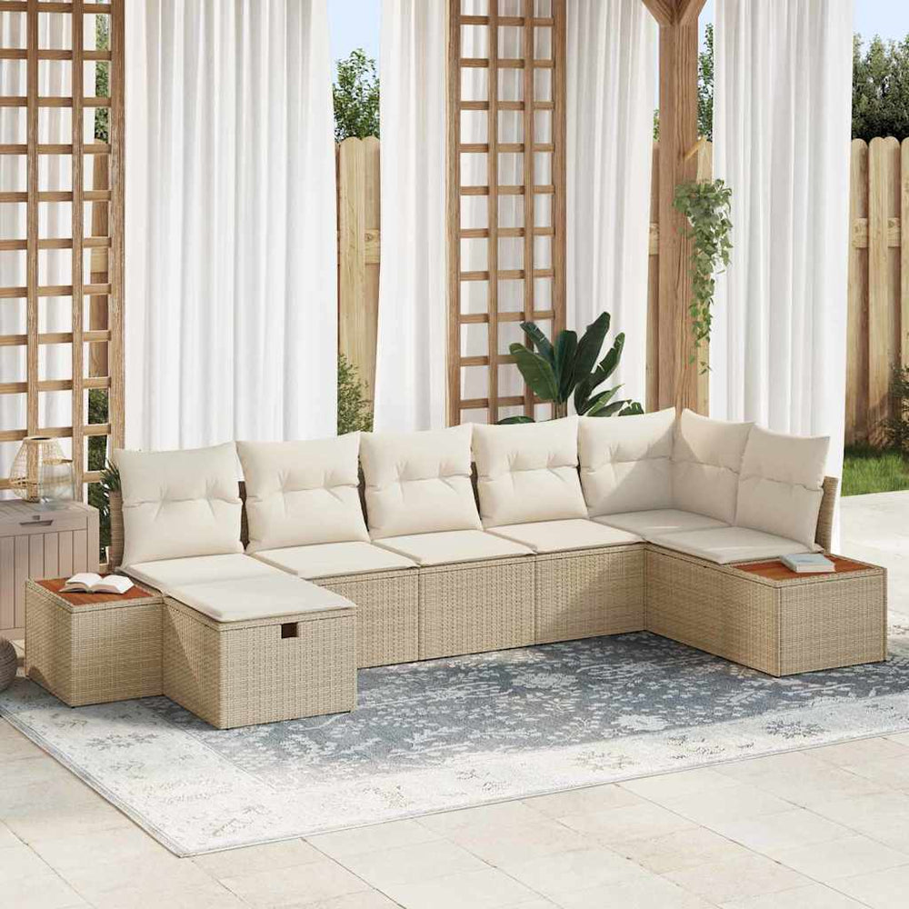 7 dalių sodo sofa komplektas su pagalvėlėmis smėlio spalvos poli ratanas