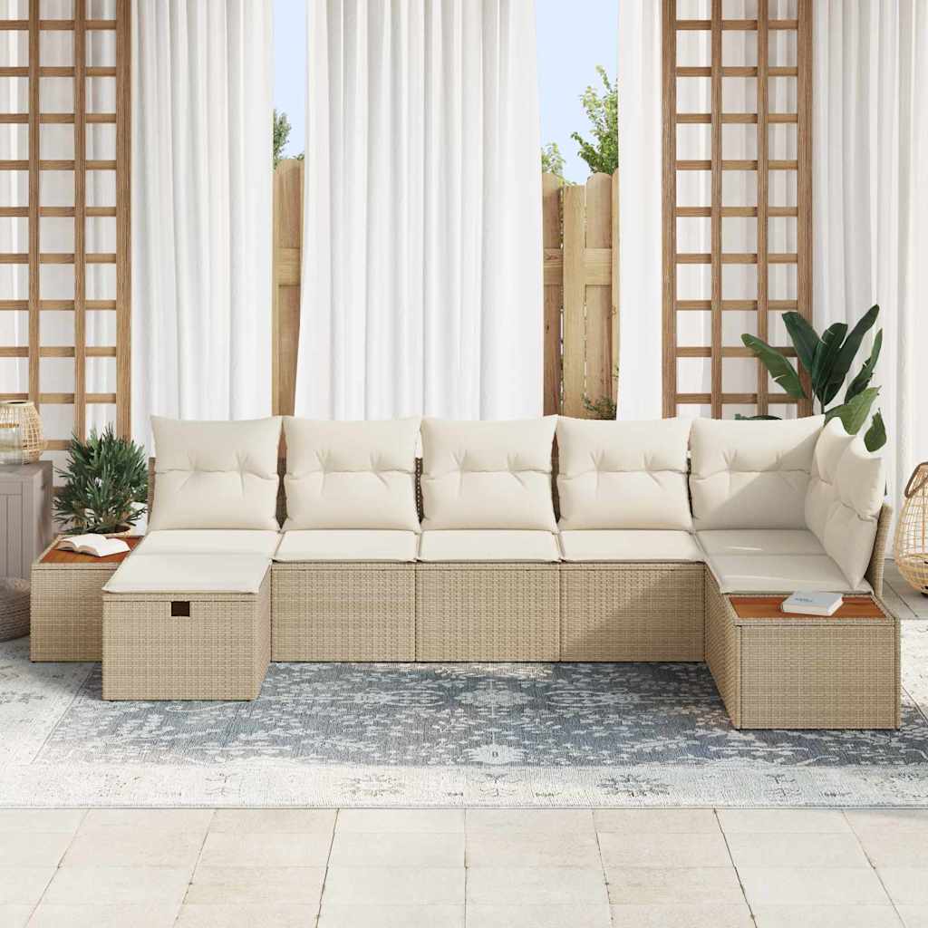 7 dalių sodo sofa komplektas su pagalvėlėmis smėlio spalvos poli ratanas