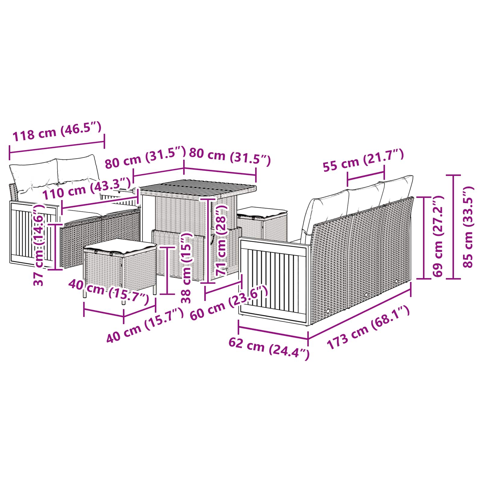 Sodo Sofų Rinkinys su pagalve 8 pcs Juoda