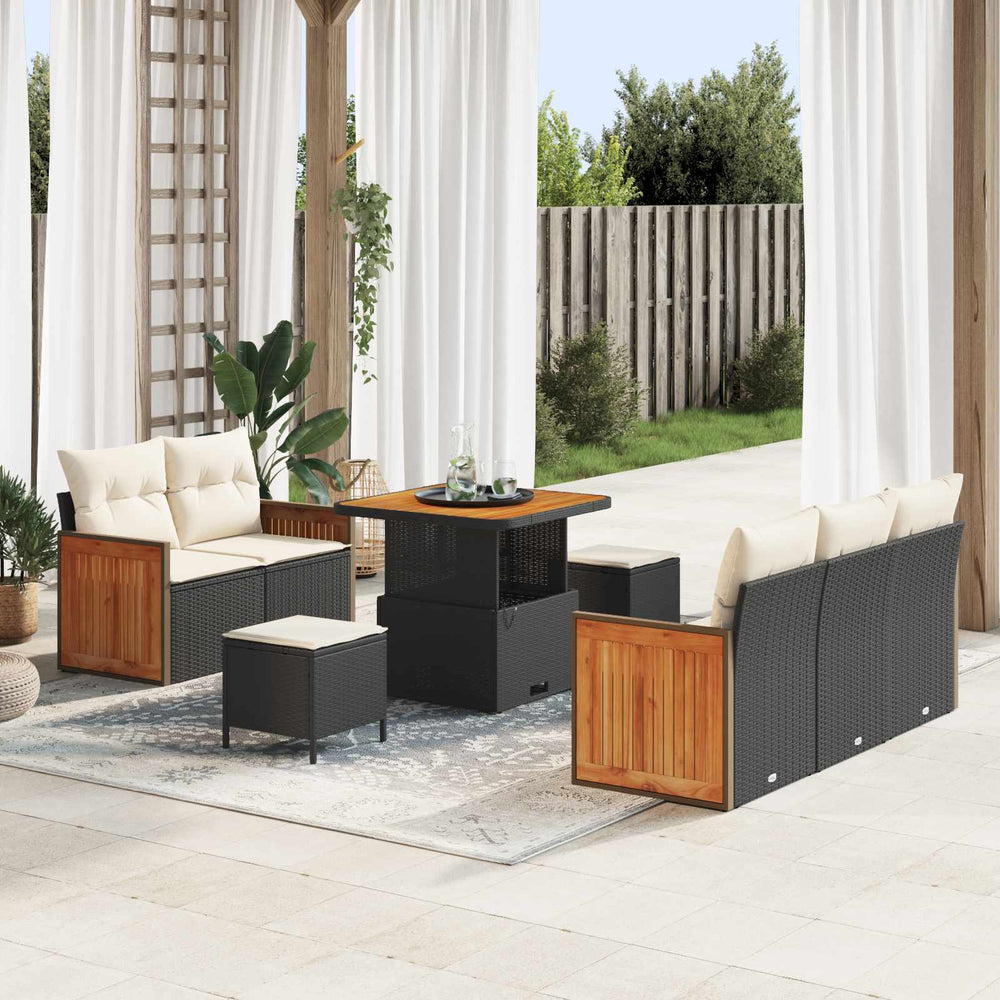 8-Piece Garden Sofa Set with Cushions Black Poly Rattan Acacia