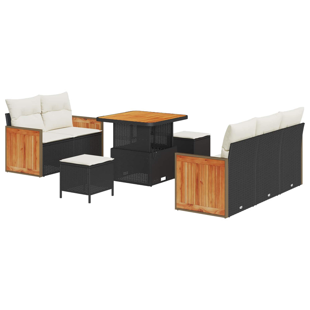 8-Piece Garden Sofa Set with Cushions Black Poly Rattan Acacia