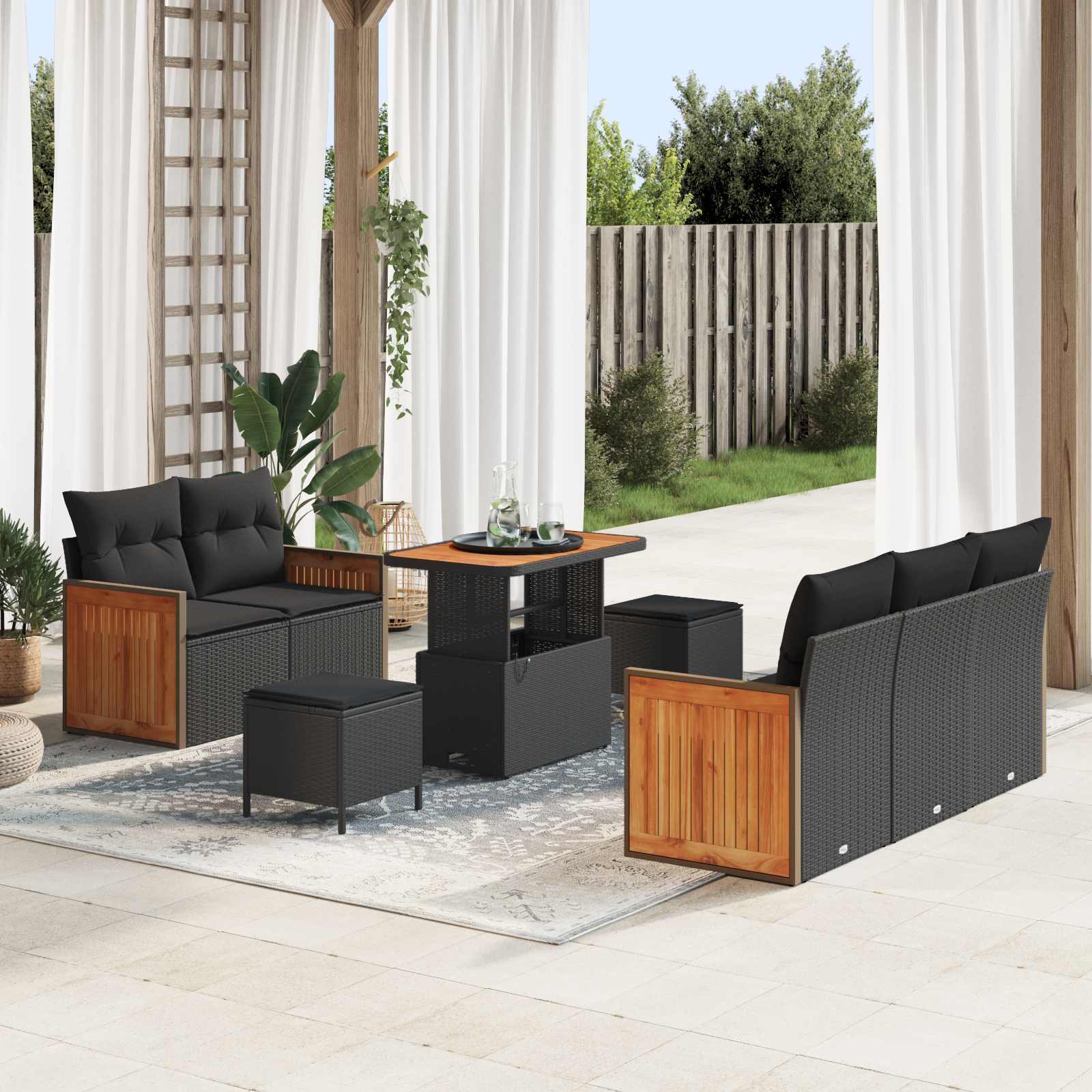 Sodo Sofų Rinkinys su pagalve 8 pcs Juoda