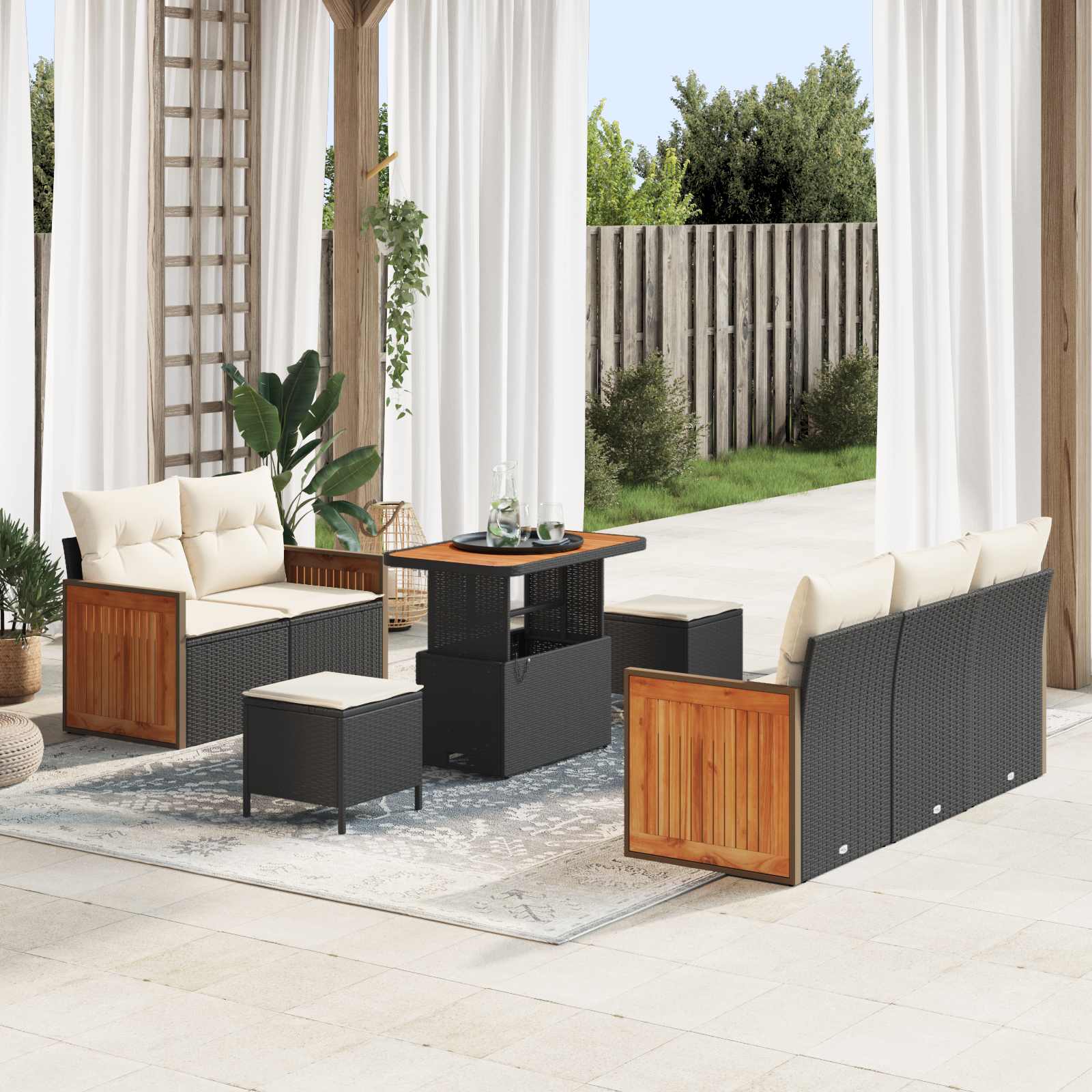 8-piece Garden Sofa Set with Cushions Black Poly Rattan Acacia