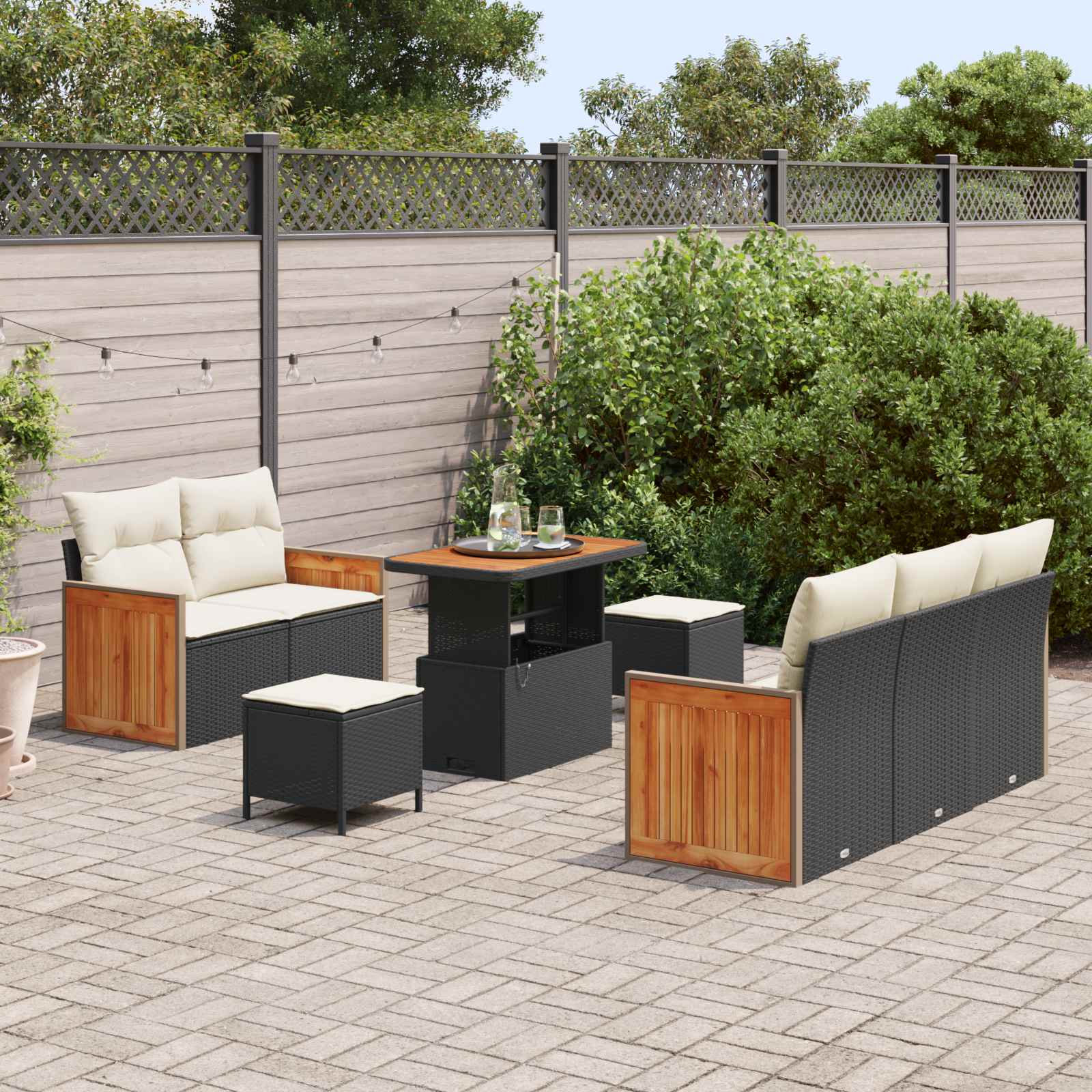 8-piece Garden Sofa Set with Cushions Black Poly Rattan Acacia