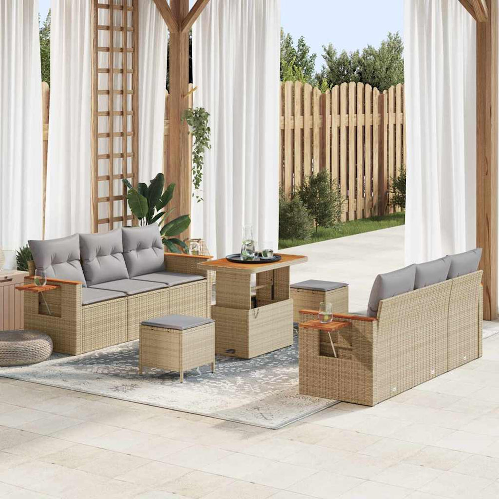 9 dalių Sodo Sofa Rinkinys su Pagalvėlėmis Smėlio Poli Ratanas Akacija