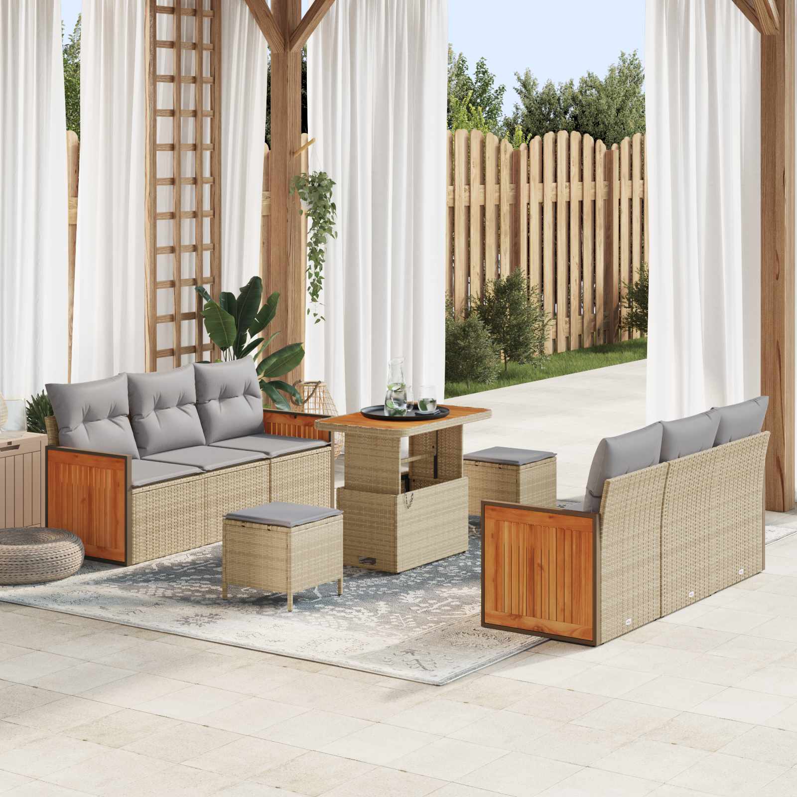 9 dalių Sodo Sofa Rinkinys su Pagalvėlėmis Smėlio Poli Ratanas Akacija