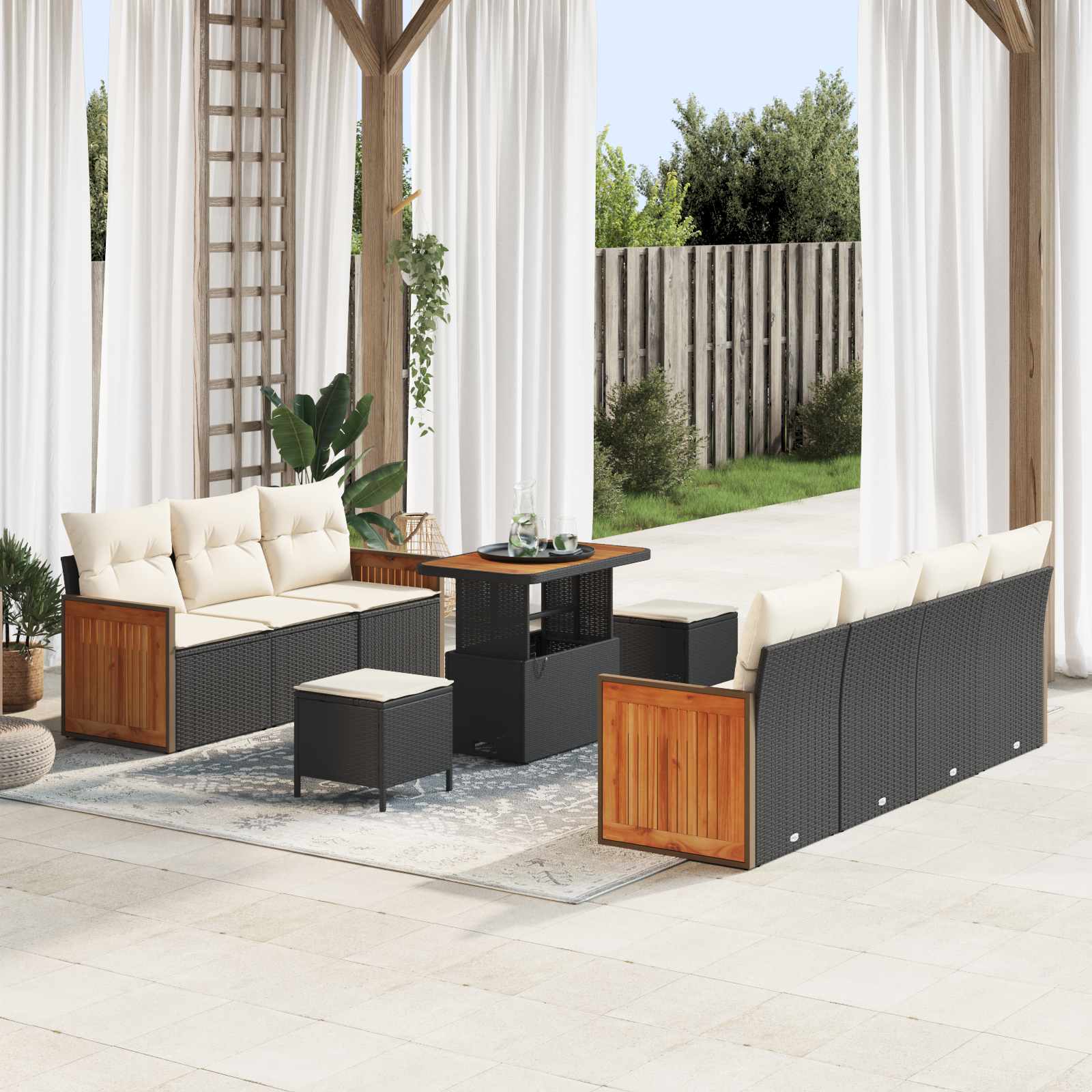 10 Piece Garden Sofa Set with Cushions Black Poly Rattan Acacia
