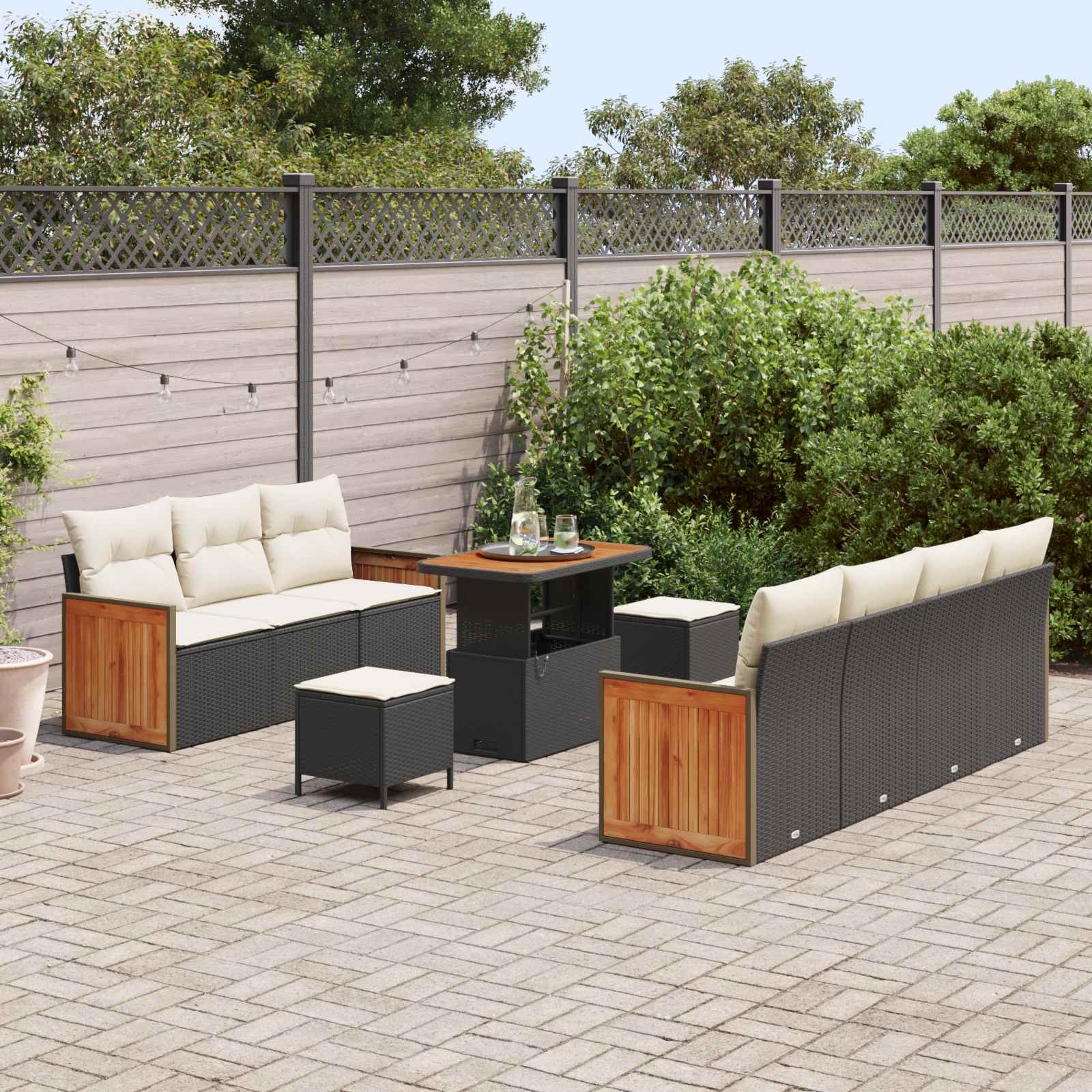 10 Piece Garden Sofa Set with Cushions Black Poly Rattan Acacia