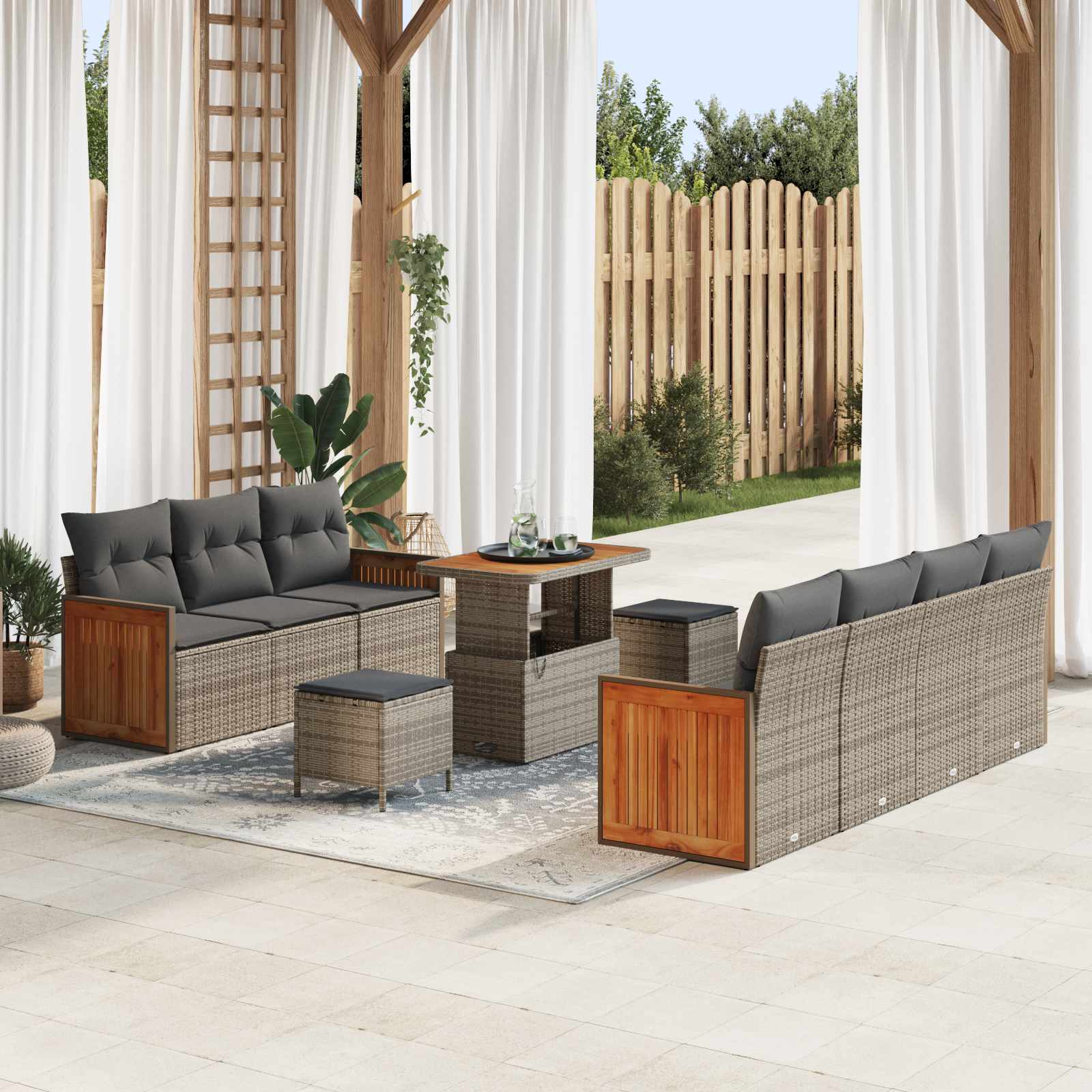 10 dalių sodo sofa komplektas su pagalvėmis Pilka Poli ratanas Akacija