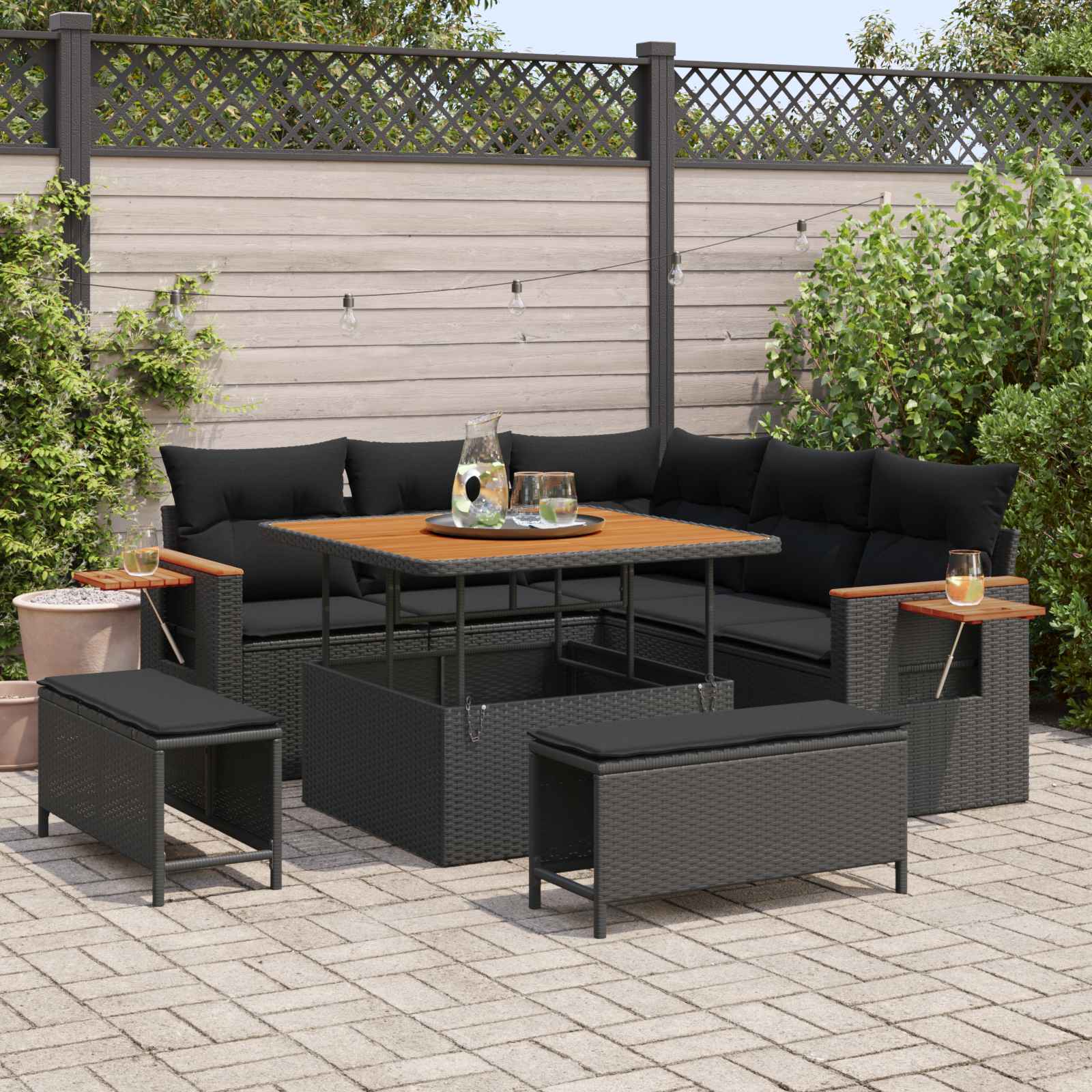 Sodo Sofų Rinkinys su pagalve 8 pcs Juoda