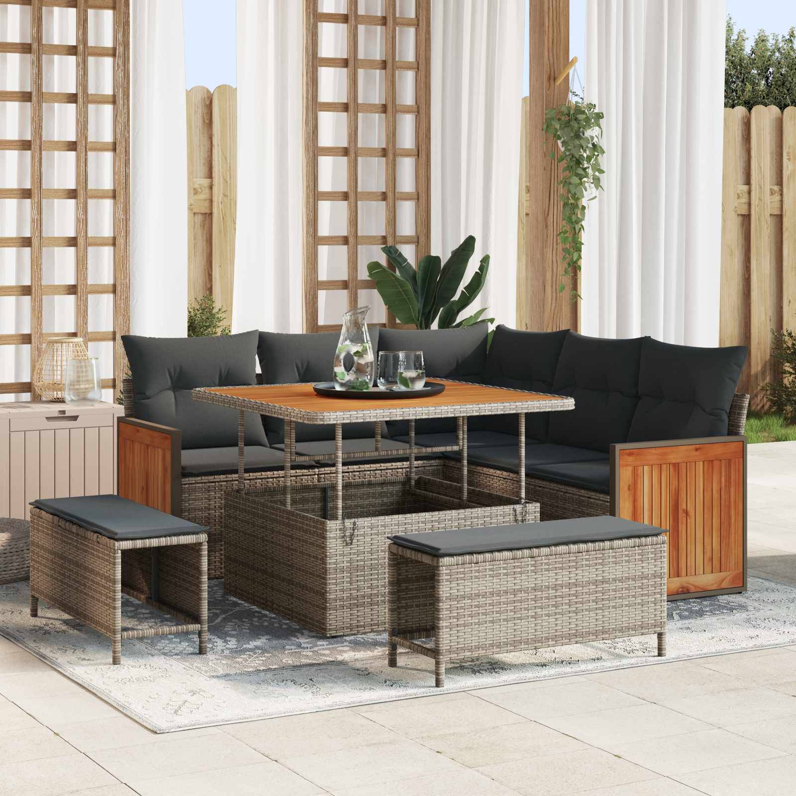 8 Dalių Sodo Sofa Komplektas su Pagalvėlėmis Pilka Poli Ratanas Akacijos