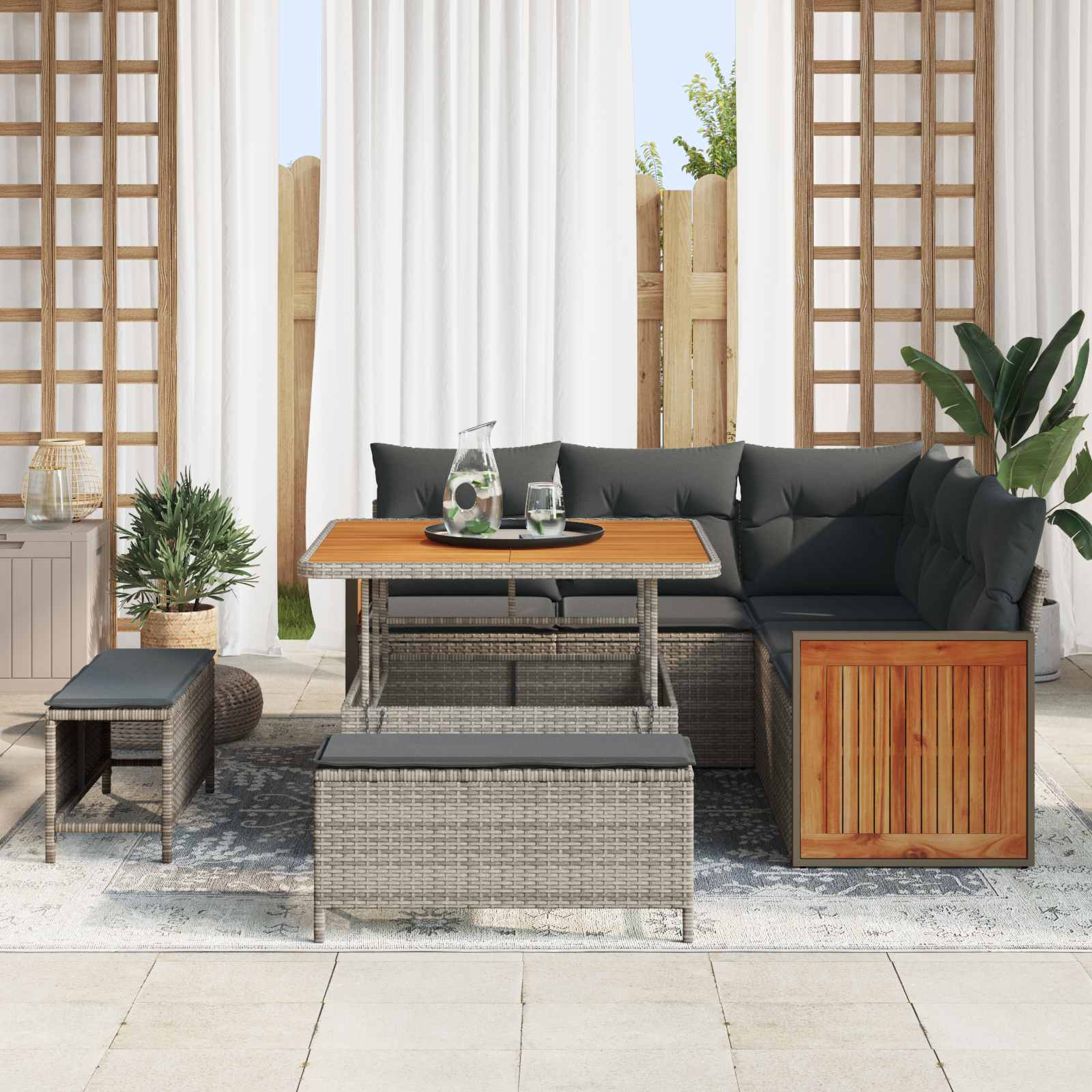 8 Dalių Sodo Sofa Komplektas su Pagalvėlėmis Pilka Poli Ratanas Akacijos