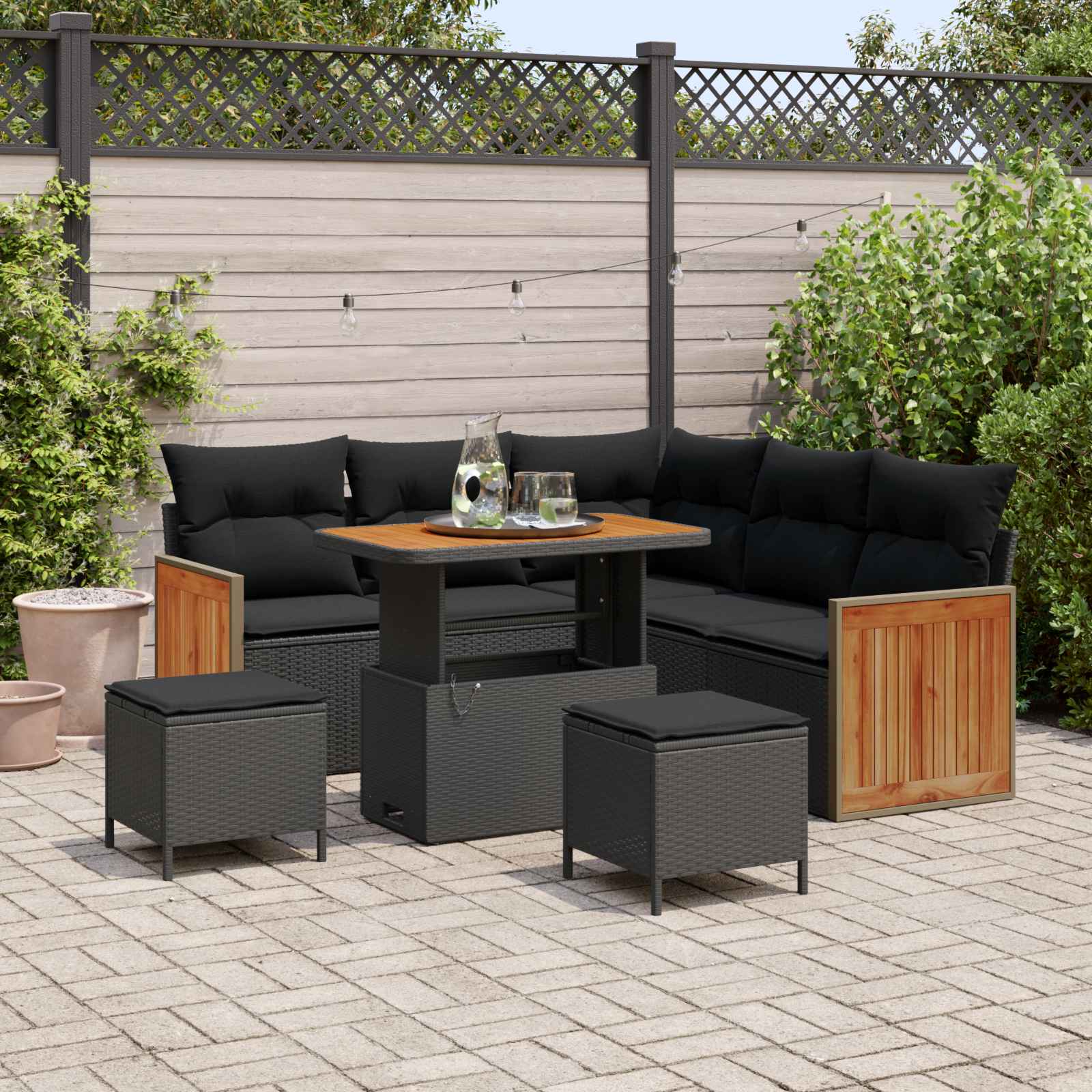 Sodo Sofų Rinkinys su pagalve 8 pcs Juoda