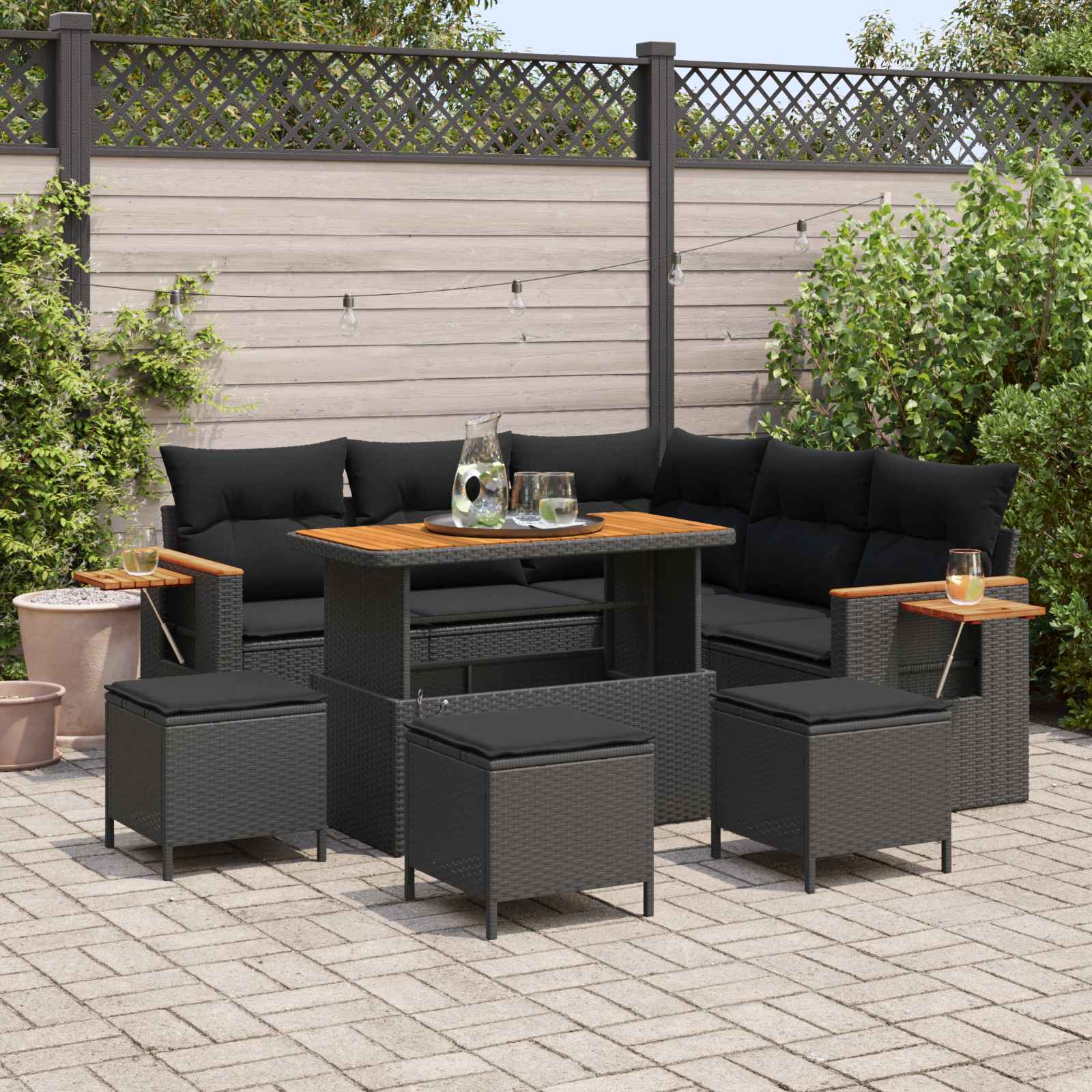 Sodo Sofų Rinkinys su pagalve 9 pcs Juoda